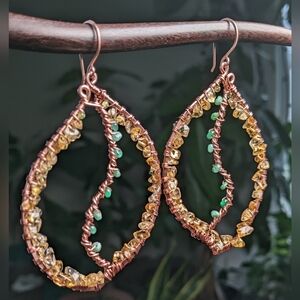 Oversized Leaf Hoop Earrings Pure Copper Natural Citrine And Emerald Gems